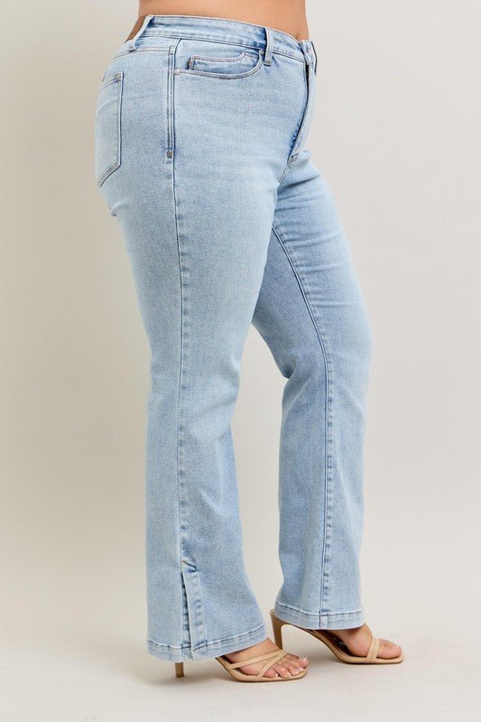 Judy Blue Full Size Tummy Control Vintage Wash Side Slit Slim Boot Jeans Plus Size - Blu Lotus Boutique