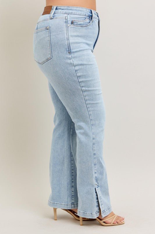 Judy Blue Full Size Tummy Control Vintage Wash Side Slit Slim Boot Jeans Plus Size - Blu Lotus Boutique