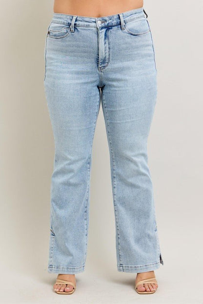Judy Blue Full Size Tummy Control Vintage Wash Side Slit Slim Boot Jeans Plus Size - Blu Lotus Boutique