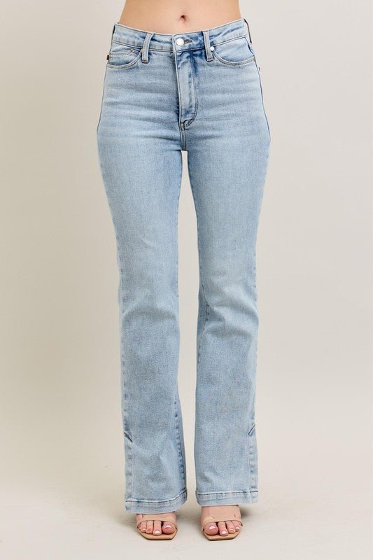Judy Blue Full Size Tummy Control Vintage Wash Side Slit Slim Boot Jeans Plus Size - Blu Lotus Boutique