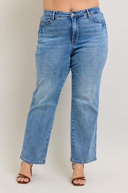 Judy Blue Full Size Tummy Control Vintage Wash Straight Jeans Plus Size - Blu Lotus Boutique