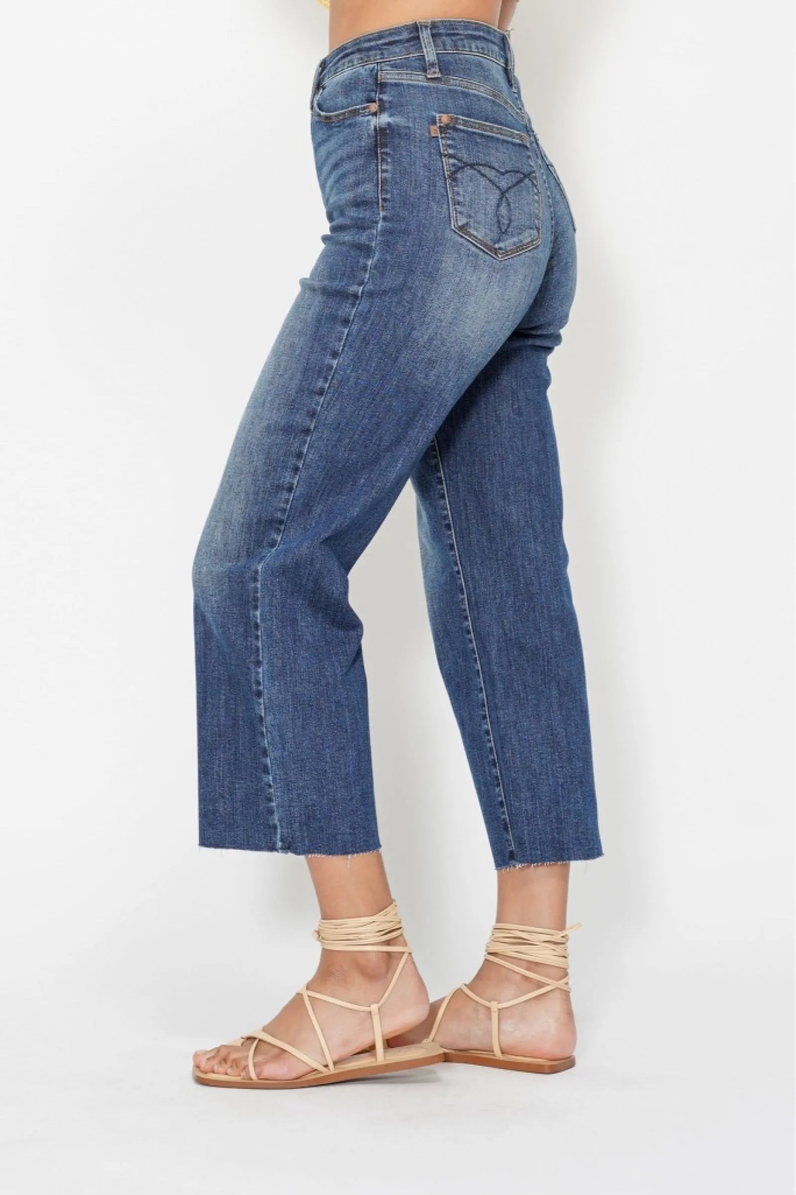 Judy Blue High Waist Back Pocket Embroidery Crop Wide Jeans - Blu Lotus Boutique