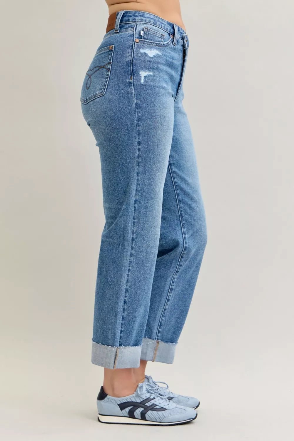 Judy Blue High Waist Bf Criss - cross Mild Destroy Jeans with Single Cuff - Blu Lotus Boutique
