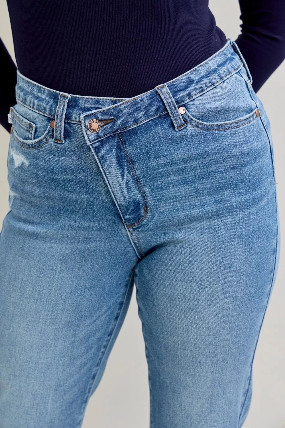 Judy Blue High Waist Bf Criss - cross Mild Destroy Jeans with Single Cuff - Blu Lotus Boutique