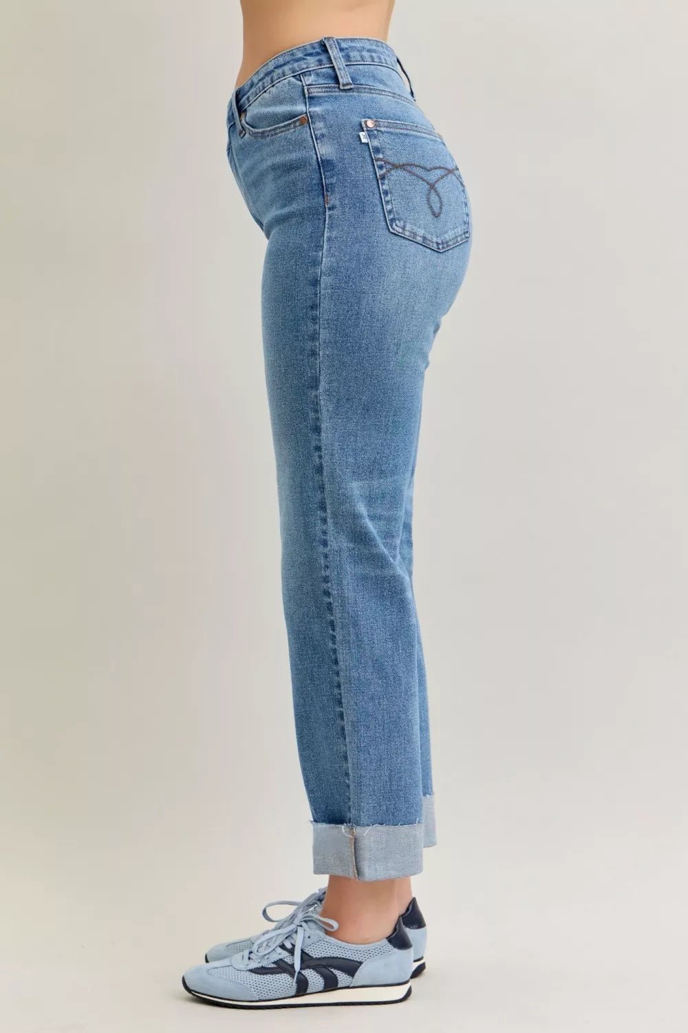 Judy Blue High Waist Bf Criss - cross Mild Destroy Jeans with Single Cuff - Blu Lotus Boutique