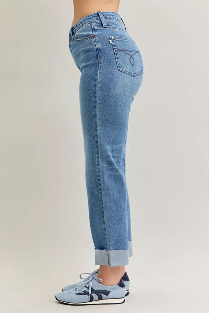 Judy Blue High Waist Bf Criss - cross Mild Destroy Jeans with Single Cuff - Blu Lotus Boutique