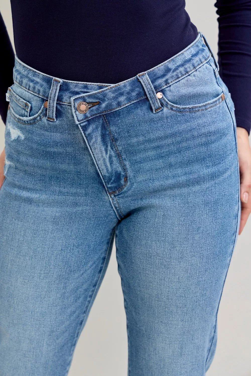 Judy Blue High Waist Bf Criss - cross Mild Destroy Jeans with Single Cuff - Blu Lotus Boutique