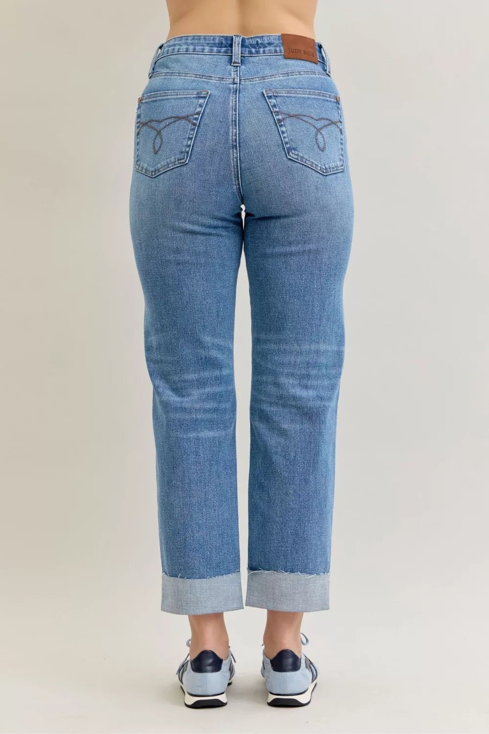 Judy Blue High Waist Bf Criss - cross Mild Destroy Jeans with Single Cuff - Blu Lotus Boutique