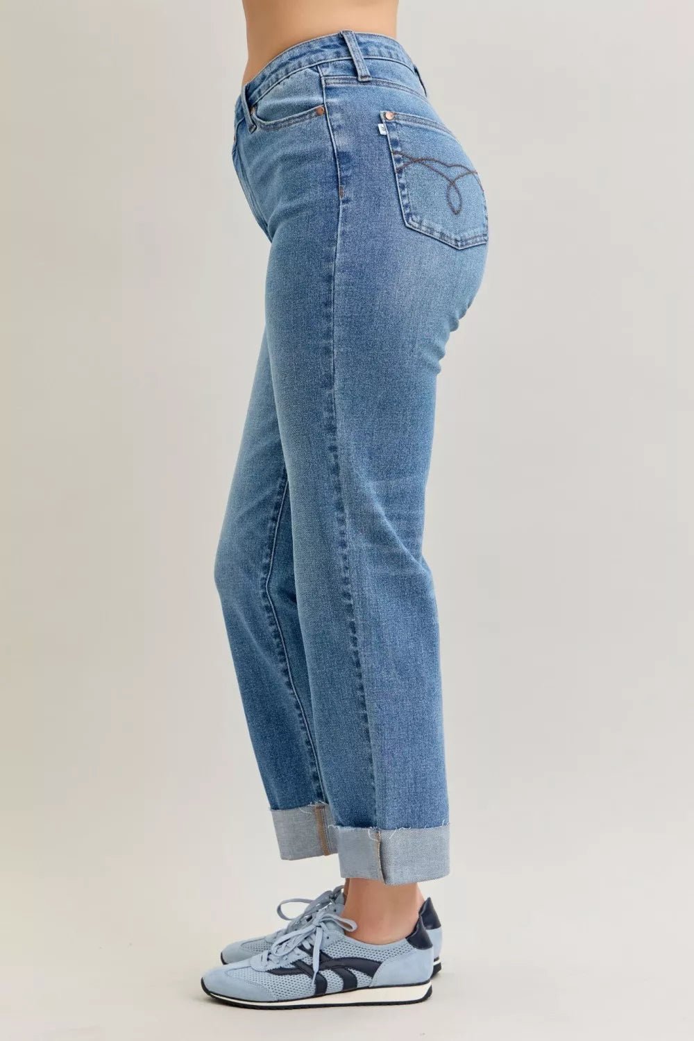 Judy Blue High Waist Bf Criss - cross Mild Destroy Jeans with Single Cuff - Blu Lotus Boutique