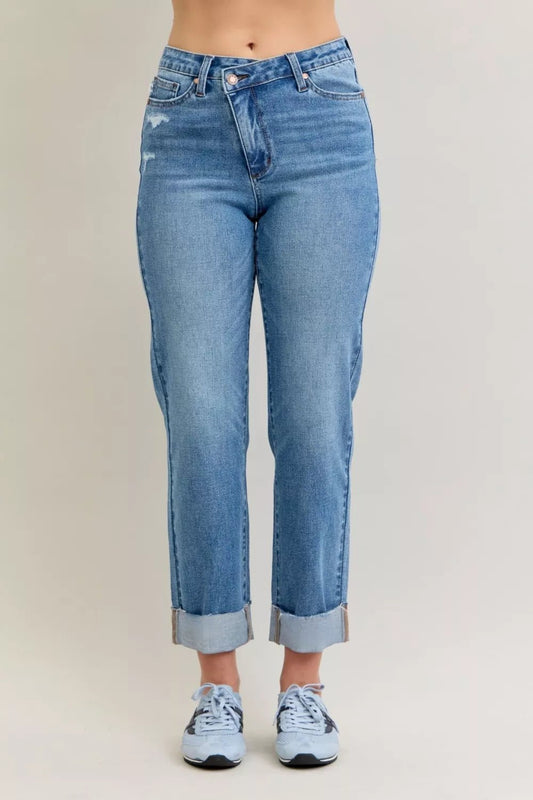 Judy Blue High Waist Bf Criss - cross Mild Destroy Jeans with Single Cuff - Blu Lotus Boutique