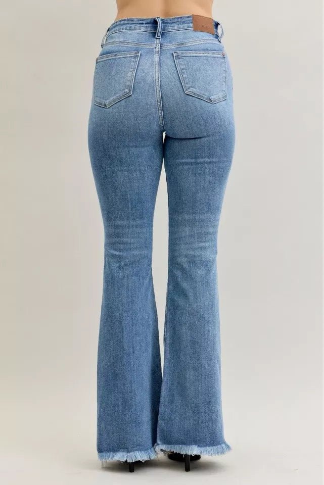 Judy Blue High Waist Flare Fray Hem Jeans with Front Pintuck Detail - Blu Lotus Boutique