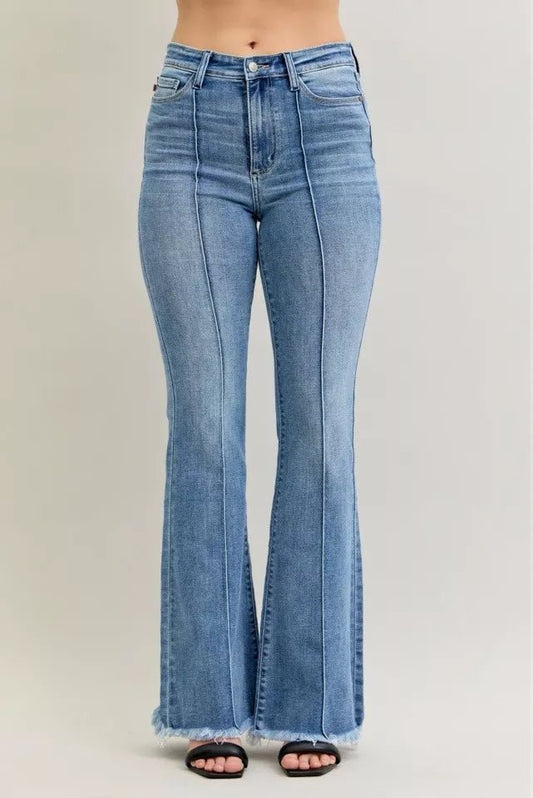Judy Blue High Waist Flare Fray Hem Jeans with Front Pintuck Detail - Blu Lotus Boutique
