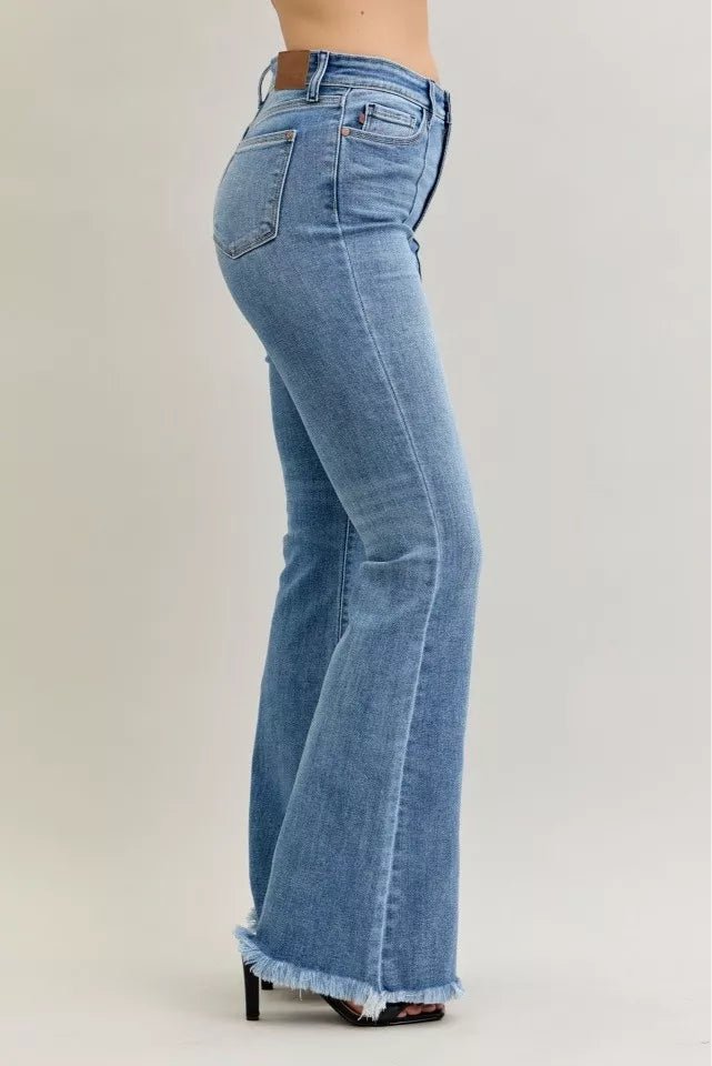 Judy Blue High Waist Flare Fray Hem Jeans with Front Pintuck Detail - Blu Lotus Boutique