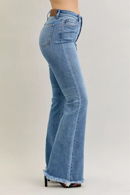 Judy Blue High Waist Flare Fray Hem Jeans with Front Pintuck Detail - Blu Lotus Boutique