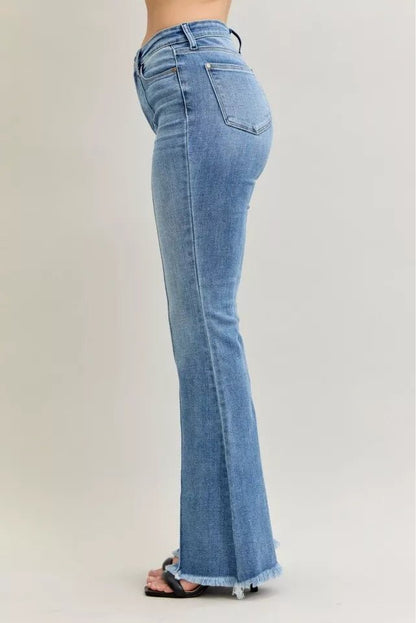 Judy Blue High Waist Flare Fray Hem Jeans with Front Pintuck Detail - Blu Lotus Boutique
