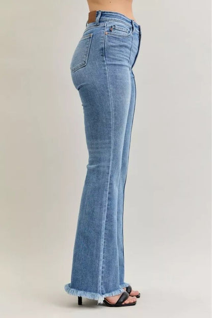 Judy Blue High Waist Flare Fray Hem Jeans with Front Pintuck Detail - Blu Lotus Boutique