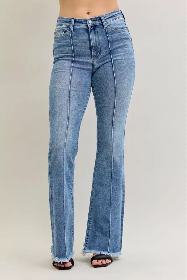 Judy Blue High Waist Flare Fray Hem Jeans with Front Pintuck Detail - Blu Lotus Boutique