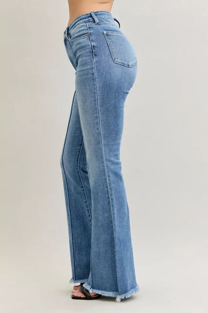 Judy Blue High Waist Flare Fray Hem Jeans with Front Pintuck Detail - Blu Lotus Boutique