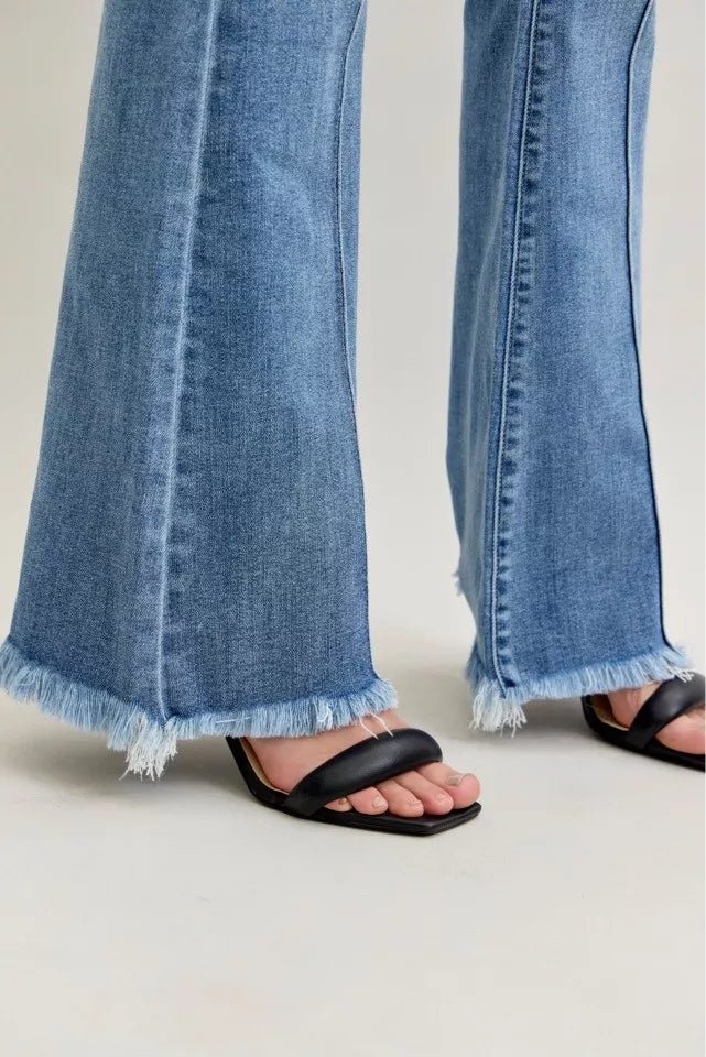 Judy Blue High Waist Flare Fray Hem Jeans with Front Pintuck Detail - Blu Lotus Boutique