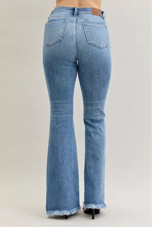 Judy Blue High Waist Flare Fray Hem Jeans with Front Pintuck Detail - Blu Lotus Boutique