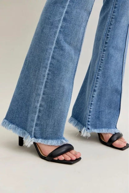 Judy Blue High Waist Flare Fray Hem Jeans with Front Pintuck Detail - Blu Lotus Boutique