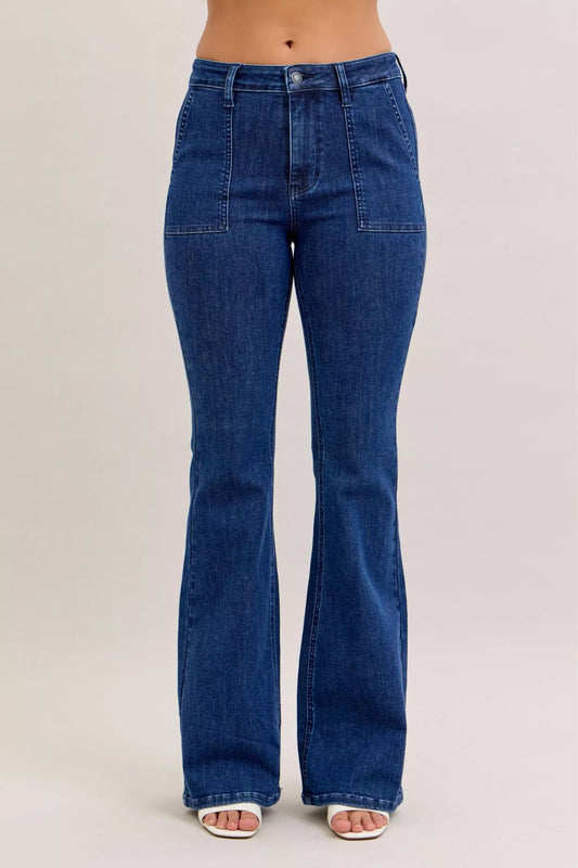 Judy Blue High Waist Flare Jeans with Front Patch Pockets - Blu Lotus Boutique