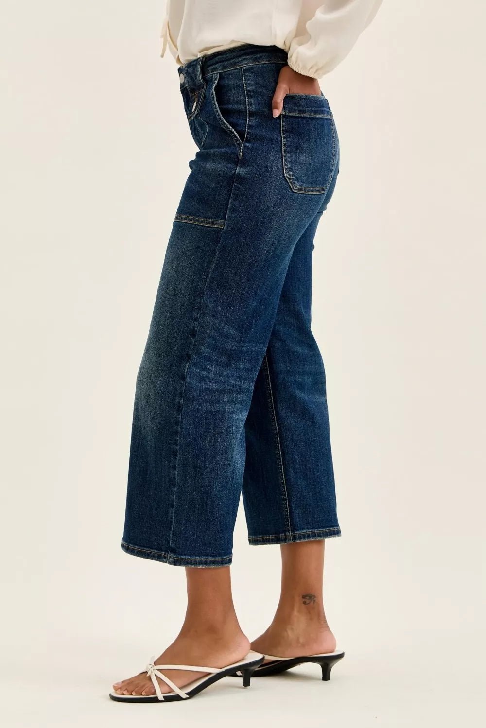 Judy Blue High Waist Wide Crop Utility Jeans with Patch Pocket - Blu Lotus Boutique