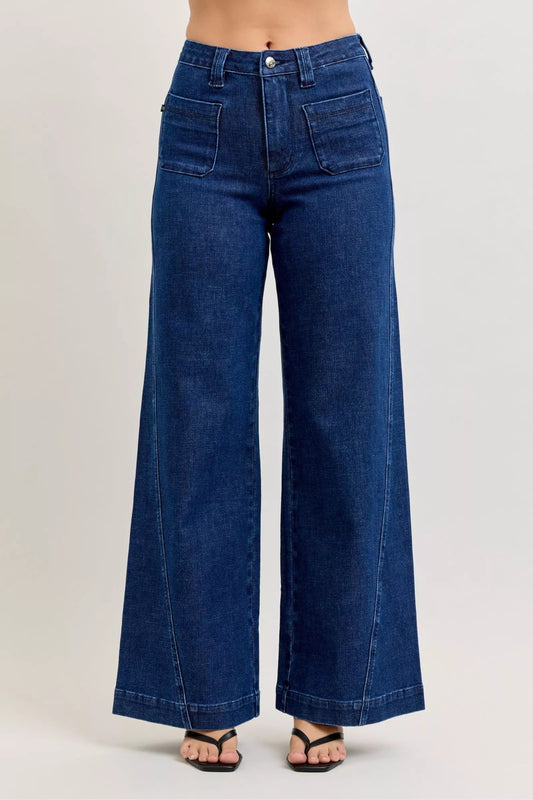 Judy Blue High - Waisted Retro Wide Jeans with Patch Pkts & Twisted Seams - Blu Lotus Boutique