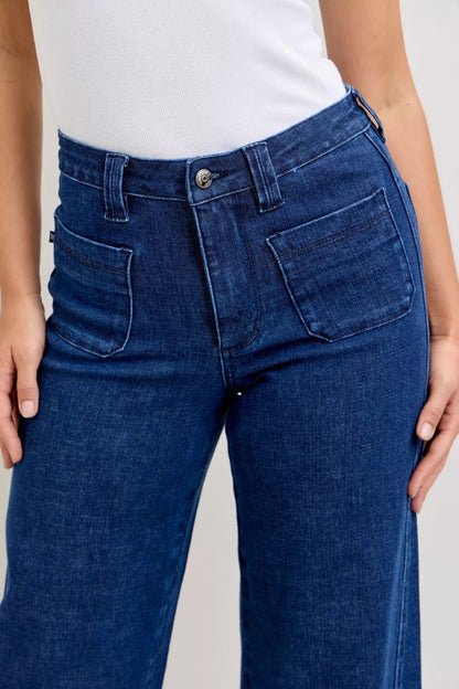 Judy Blue High - Waisted Retro Wide Jeans with Patch Pkts & Twisted Seams - Blu Lotus Boutique
