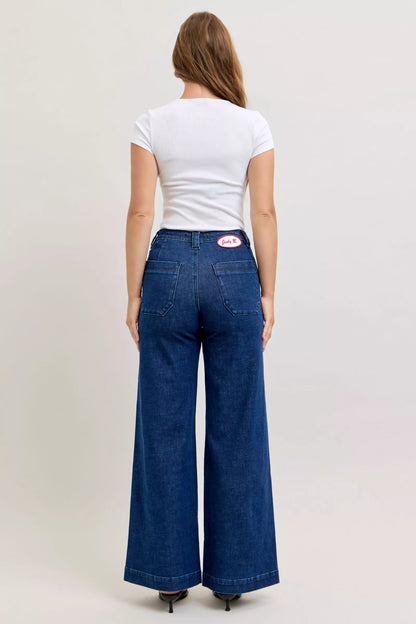 Judy Blue High - Waisted Retro Wide Jeans with Patch Pkts & Twisted Seams - Blu Lotus Boutique