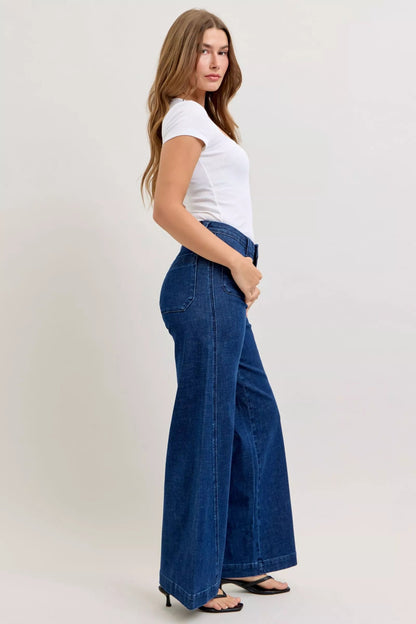 Judy Blue High - Waisted Retro Wide Jeans with Patch Pkts & Twisted Seams - Blu Lotus Boutique