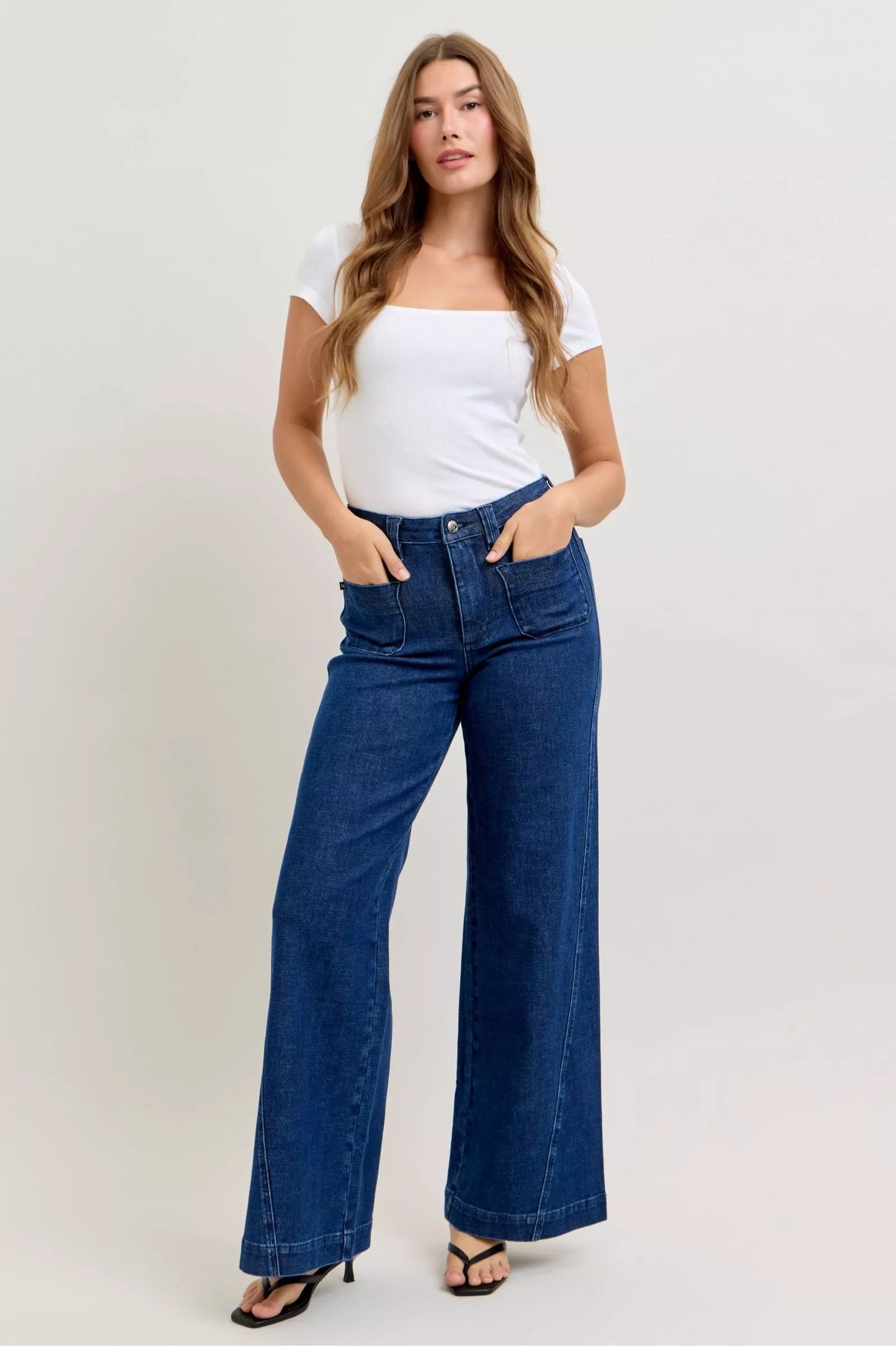 Judy Blue High - Waisted Retro Wide Jeans with Patch Pkts & Twisted Seams - Blu Lotus Boutique