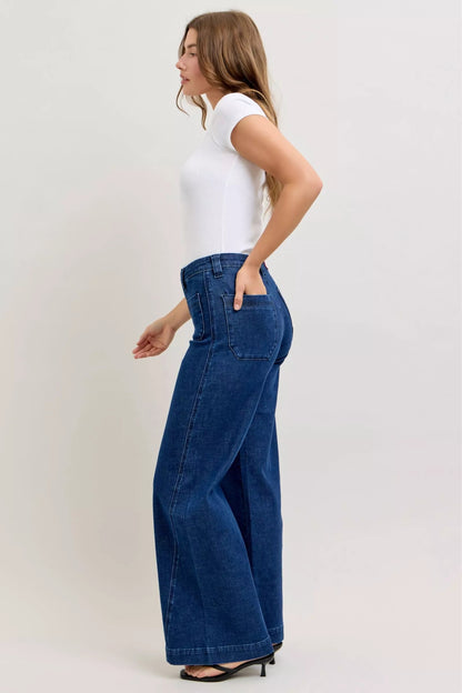 Judy Blue High - Waisted Retro Wide Jeans with Patch Pkts & Twisted Seams - Blu Lotus Boutique