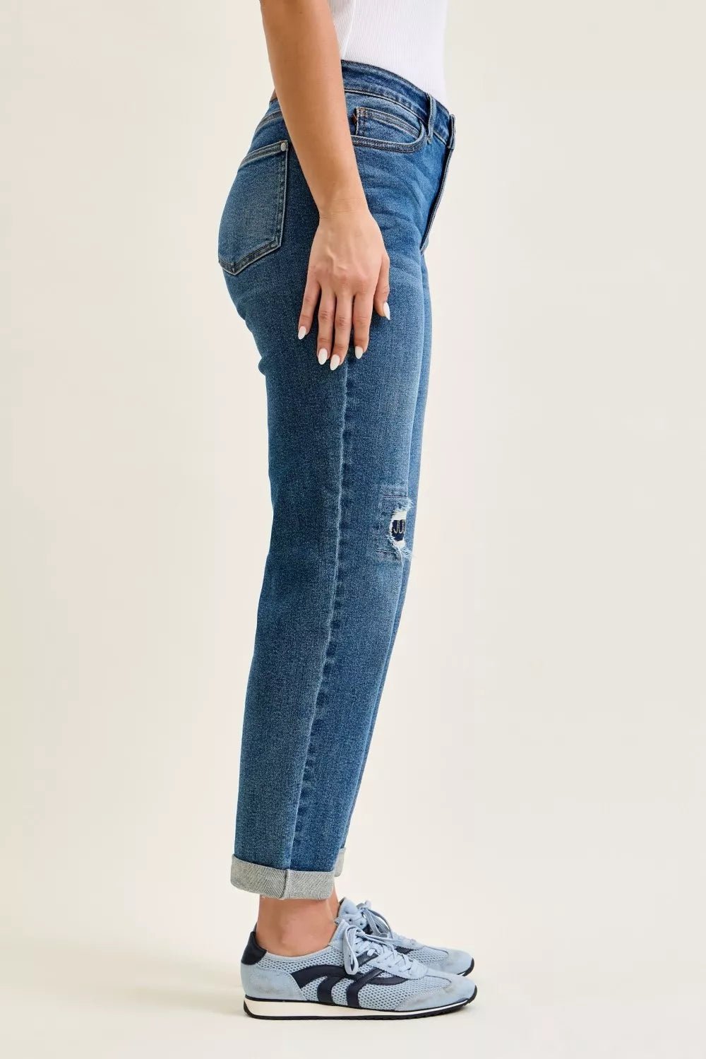 Judy Blue Mid Rise Boyfriend Embroidered Repair Patch Jeans - Blu Lotus Boutique