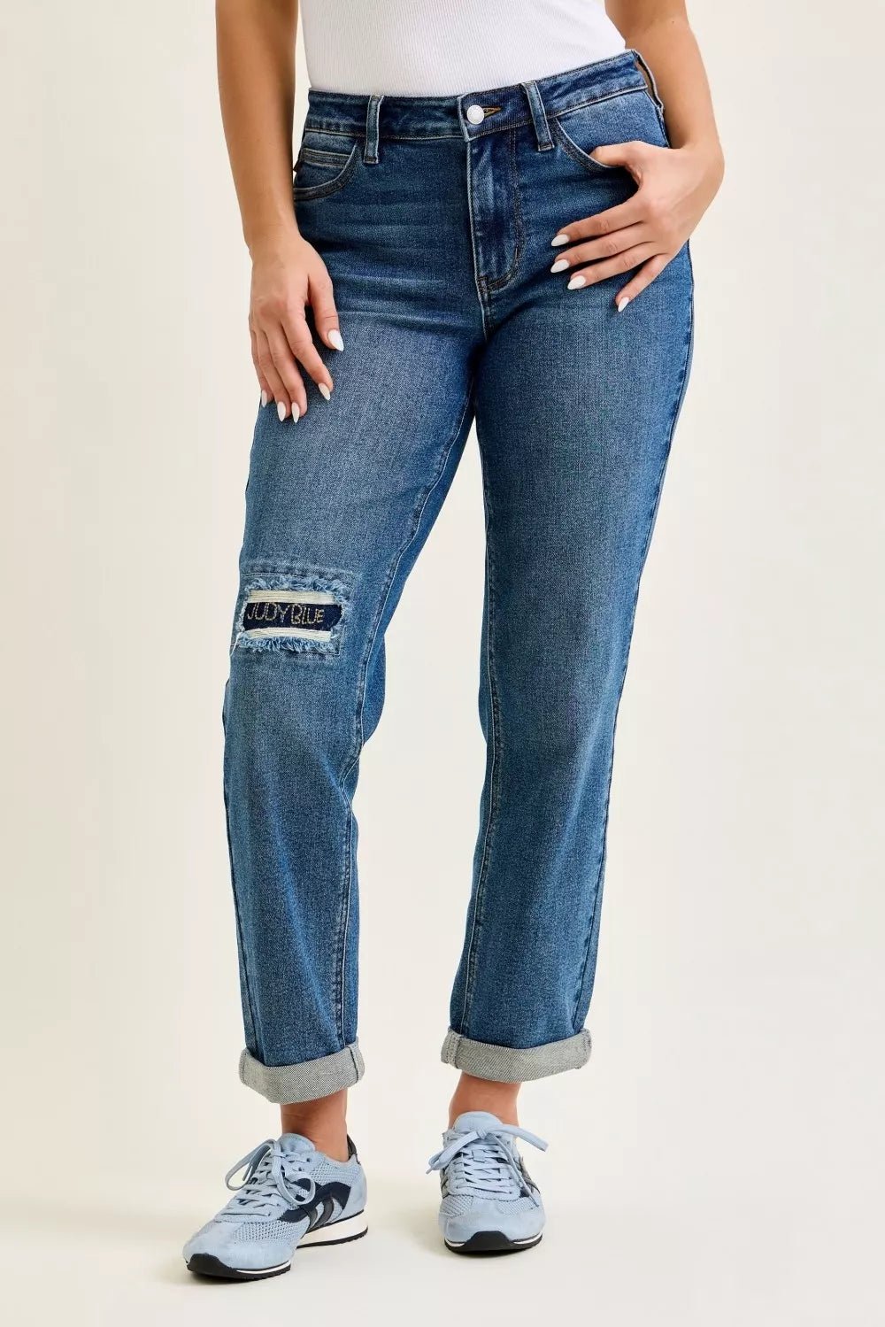 Judy Blue Mid Rise Boyfriend Embroidered Repair Patch Jeans - Blu Lotus Boutique