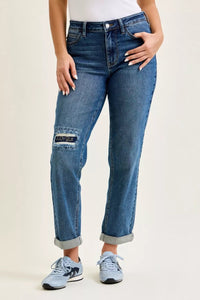 Judy Blue Mid Rise Boyfriend Embroidered Repair Patch Jeans - Blu Lotus Boutique