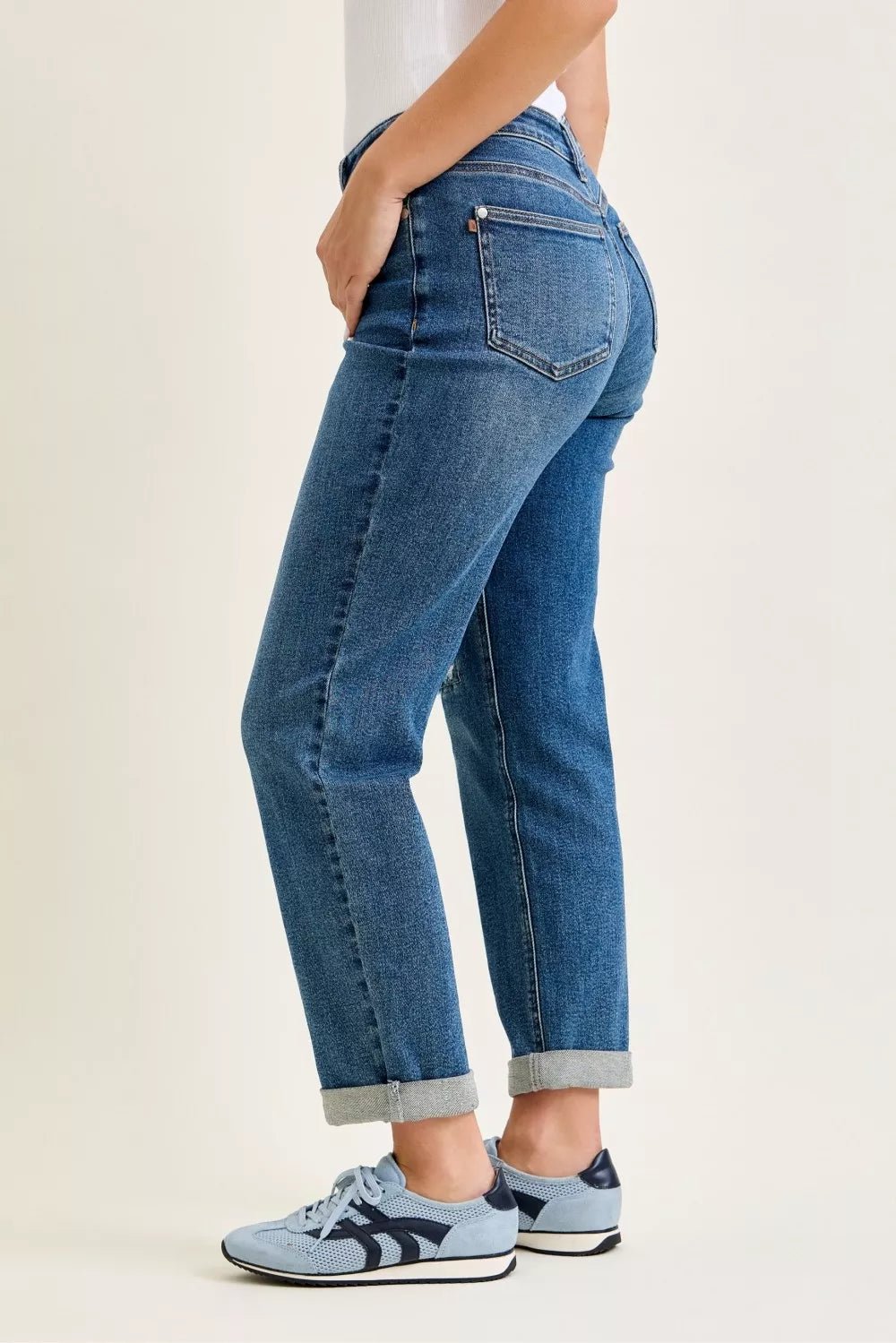 Judy Blue Mid Rise Boyfriend Embroidered Repair Patch Jeans - Blu Lotus Boutique