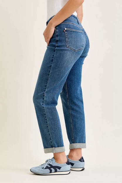 Judy Blue Mid Rise Boyfriend Embroidered Repair Patch Jeans - Blu Lotus Boutique