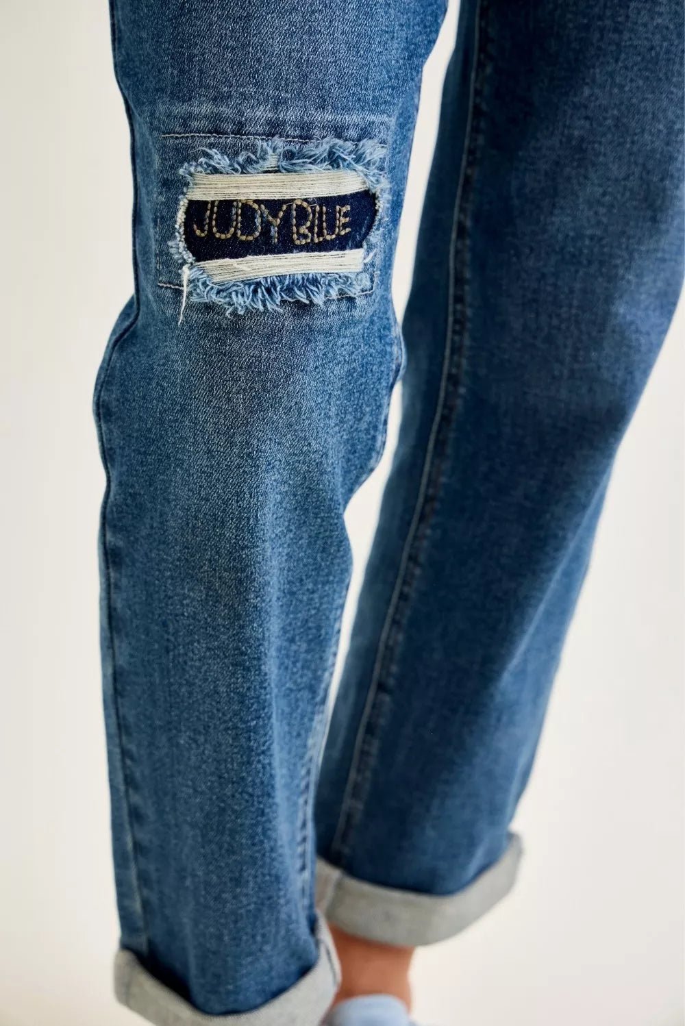 Judy Blue Mid Rise Boyfriend Embroidered Repair Patch Jeans - Blu Lotus Boutique