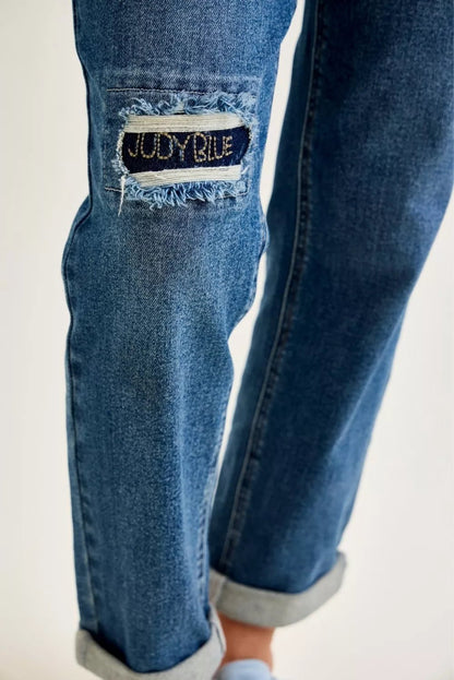 Judy Blue Mid Rise Boyfriend Embroidered Repair Patch Jeans - Blu Lotus Boutique