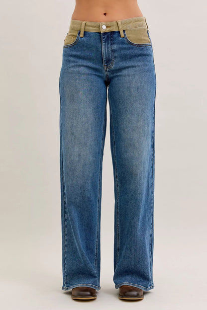 Judy Blue MR Column Straight Jeans with Corduroy Waist - Blu Lotus Boutique