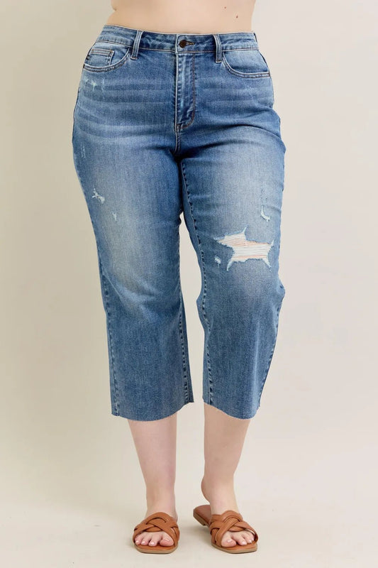 Judy Blue Plus Size High Waist Back Destroy & Raw Cut Hem Crop Wide - Blu Lotus Boutique