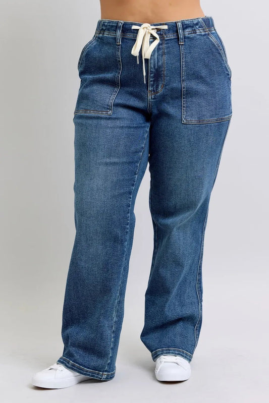Judy Blue Plus Size High Waist Drawstring Wide Leg Jeans - Blu Lotus Boutique