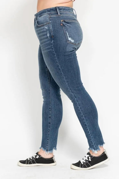 Judy Blue Plus Size High Waist Skinny with Destroy & Shark Bit Hem - Blu Lotus Boutique