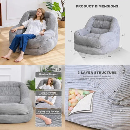 Jumbo Corduroy Bean Bag Chair with Armrests - Plush Seating for Adults, Ideal for Relaxing - Blu Lotus Boutique