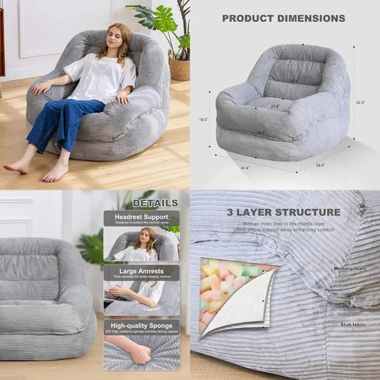 Jumbo Corduroy Bean Bag Chair with Armrests - Plush Seating for Adults, Ideal for Relaxing - Blu Lotus Boutique
