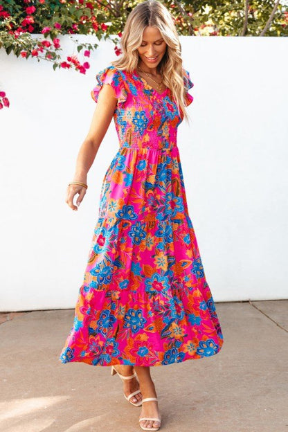 Kamari Boho Floral V Neck Ruffle Tiered Long Dress - Blu Lotus Boutique