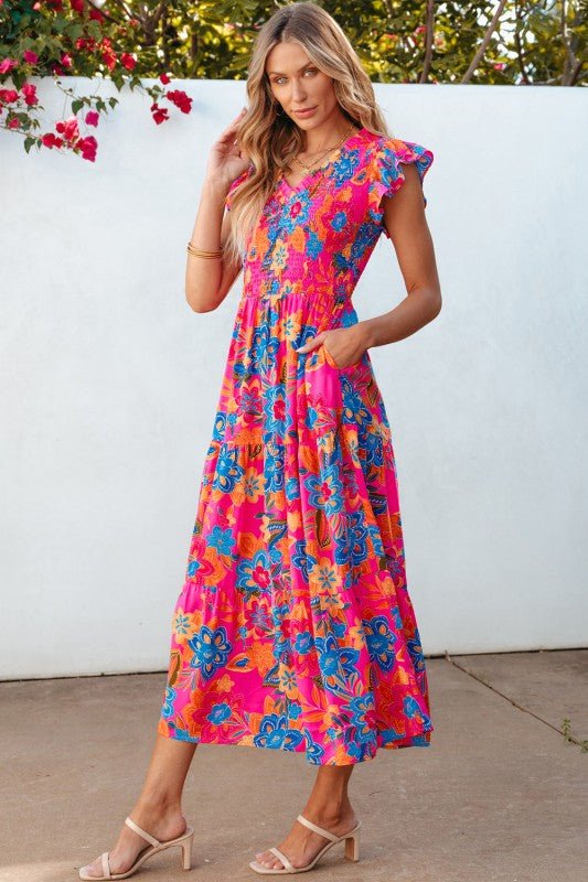 Kamari Boho Floral V Neck Ruffle Tiered Long Dress - Blu Lotus Boutique