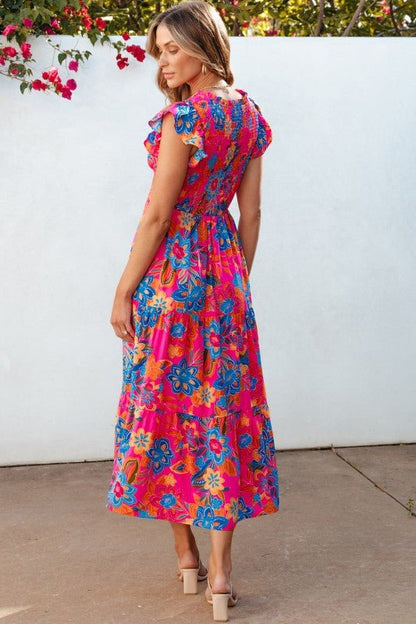 Kamari Boho Floral V Neck Ruffle Tiered Long Dress - Blu Lotus Boutique