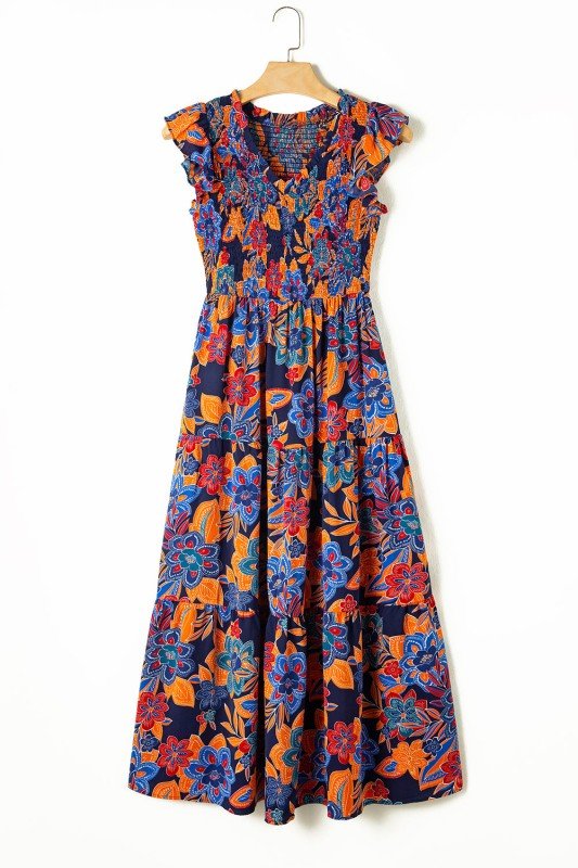 Kamari Boho Floral V Neck Ruffle Tiered Long Dress - Blu Lotus Boutique